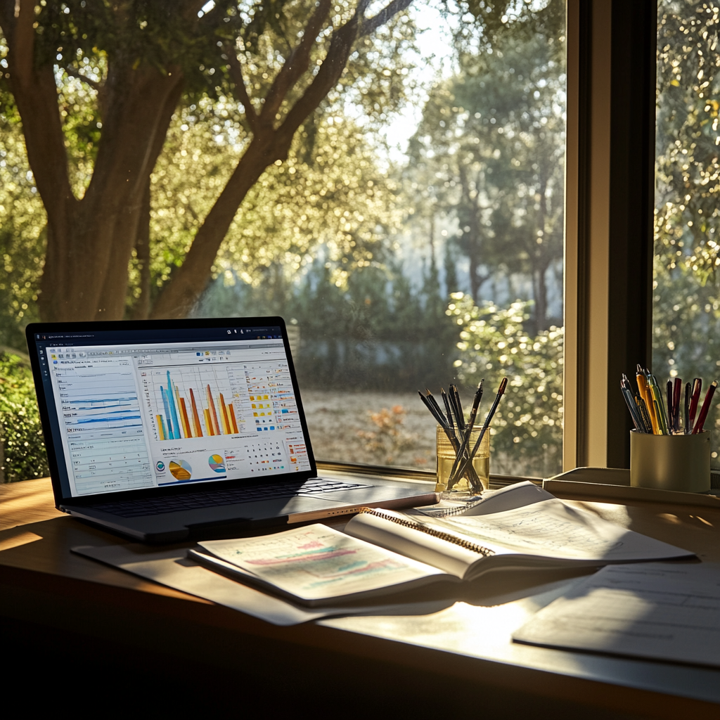 A professional workspace featuring a laptop with charts, a notebook of handwritten goals, and a calendar with deadlines, symbolizing intentional business planning.